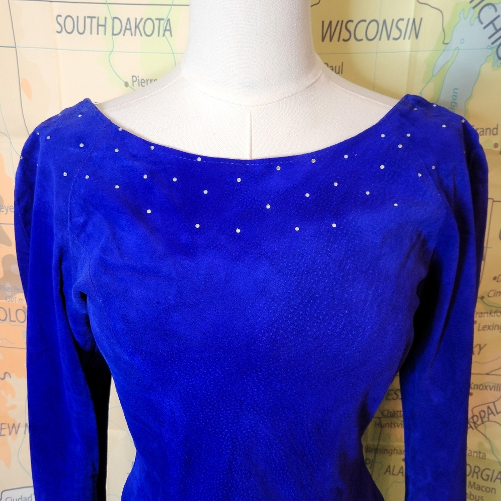 Vintage 1980s Suede Electric Blue Knee Length Dress With  Rhinestones Size M - Picture 3 of 16